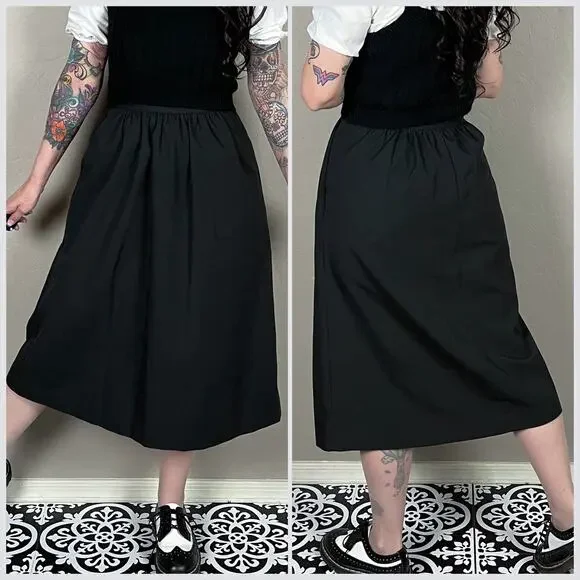 Vintage 1970s Black High Waisted A-Line Midi Skirt With Pockets - Picture 4 of 7